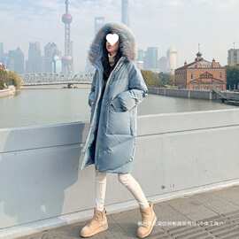 跨境大毛领羽绒服女中长款过膝冬季新款时尚宽松加厚显瘦外套女潮