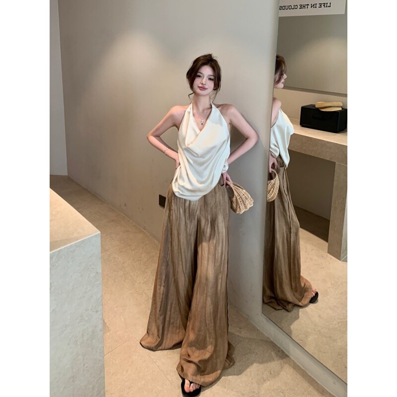 White Drapey Swung Collar Halterneck Camisole Women's Summer Niche Design Pure Lust Style Backless Top for Outer Wear