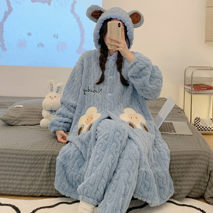 2024 pijamas de otoño e invierno camisón de franela para niñas engrosado forro polar de coral con capucha lindo traje de homewear image 14
