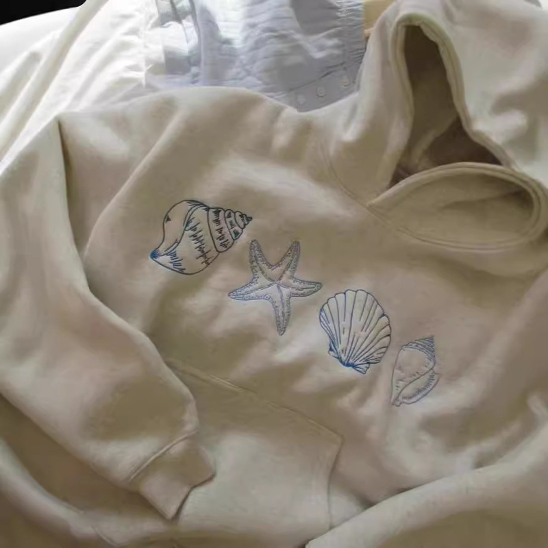 Hand-painted shell hooded sweater autumn and winter new fleece-lined thickened design pullover top tide cross-border explosions wholesale