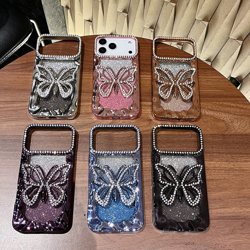 新款渐变闪粉镂空大蝴蝶水钻iPhone17promax手机壳适用16软电镀15|undefined