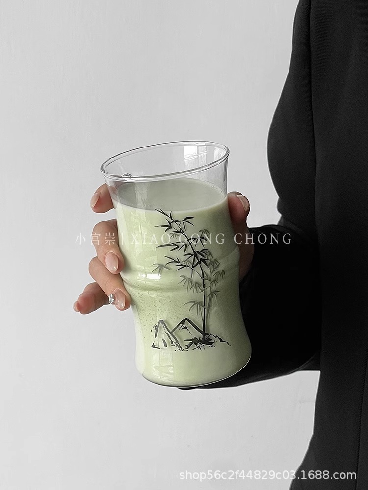 新中式水墨画竹节杯玻璃水杯古风设计感高硼硅耐热饮品杯泡茶杯子