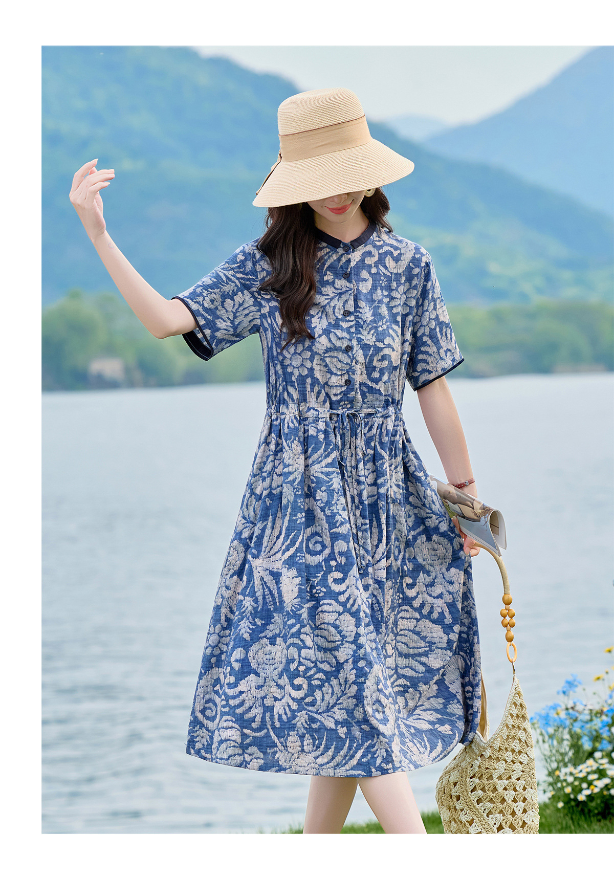 Đầm maxi nữ thắt eo họa tiết hoa nhí dáng suông rộng NI825 — Xanh lông mòng đen chi tiết 13