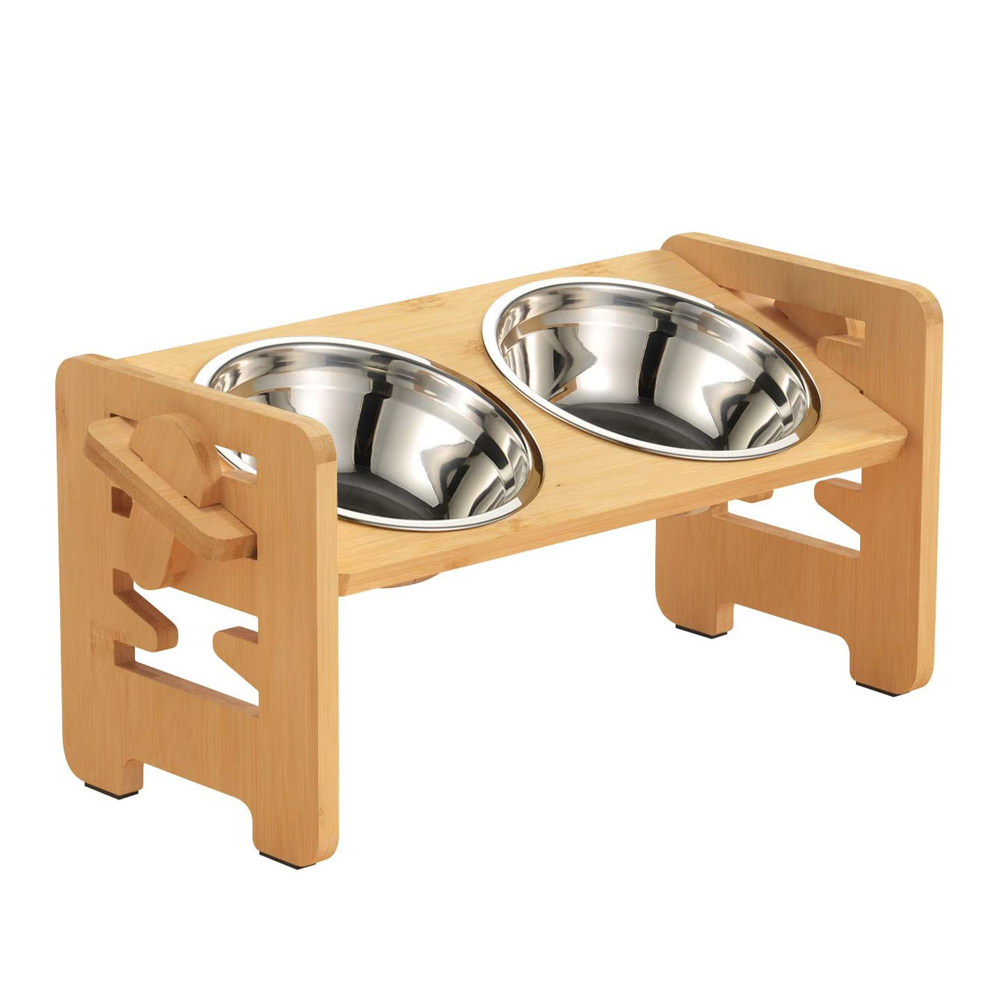 En stock bambú Pet Tazón estante solo Tazón doble tazón de fuente de alimentación de mascotas estante de madera estante de alimentos con acero inoxidable tazón