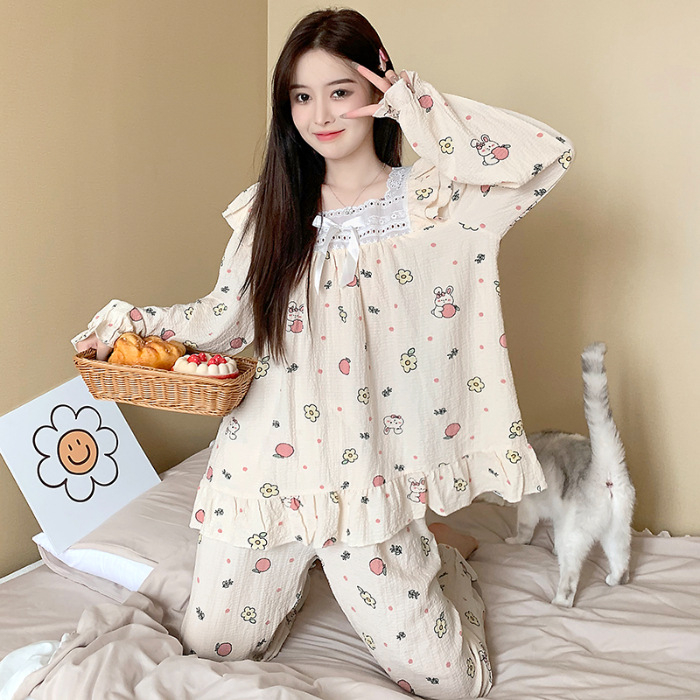 Chanel estilo ins pijamas de las mujeres tejido crepe encaje algodón Otoño e Invierno suéter manga larga dulce desgaste casero traje