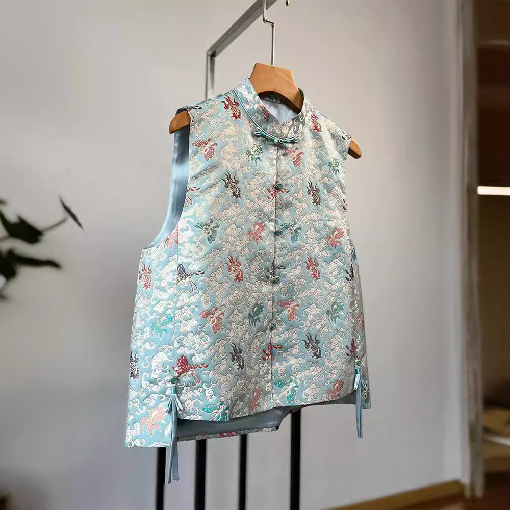 新中式国风蓝色印花立领盘扣宋锦上衣马甲背心外套女早春2024新款