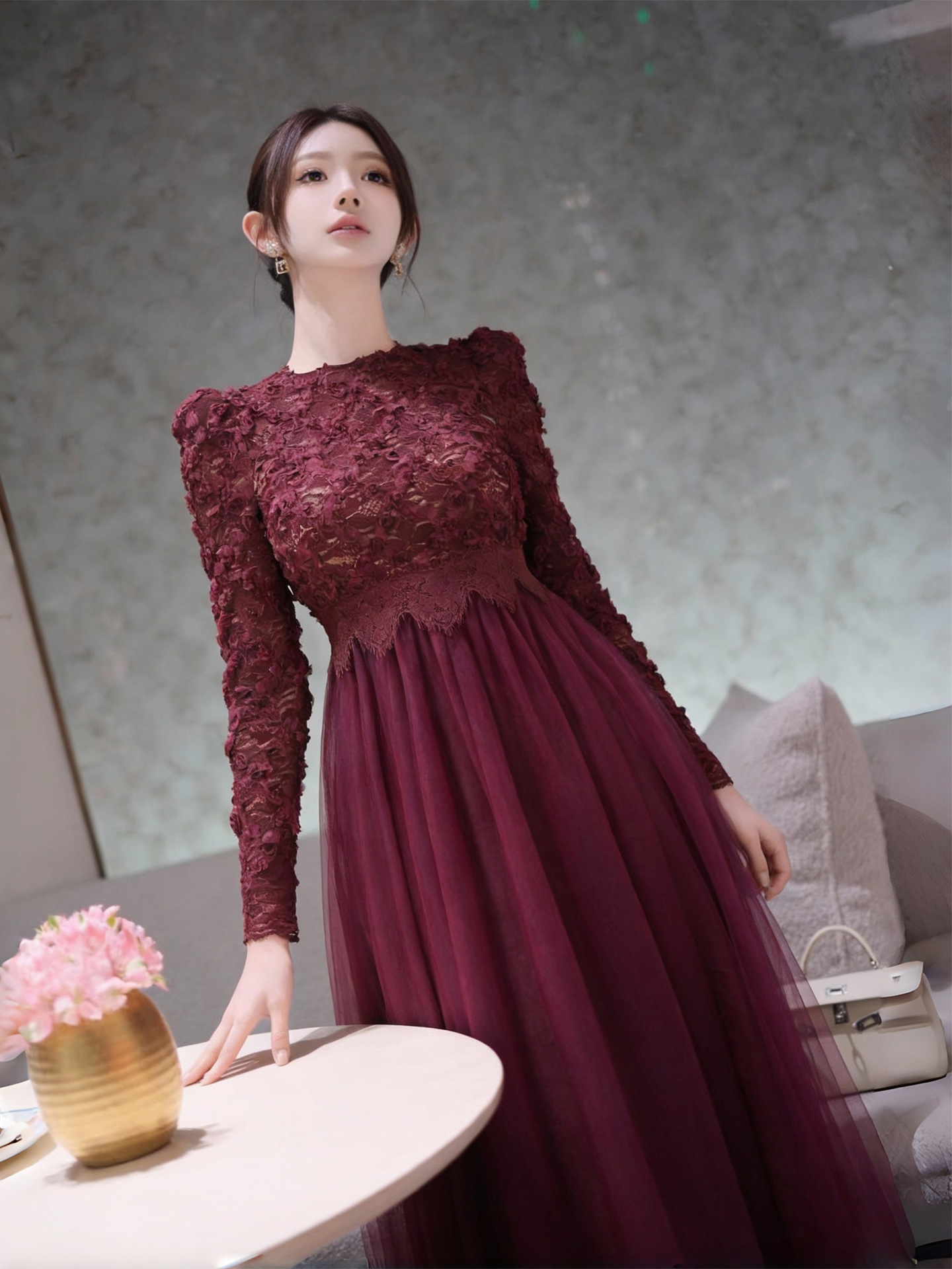 Đầm maxi nữ cổ tròn ren phối lưới thắt eo dáng dài — Thuốc lá tím