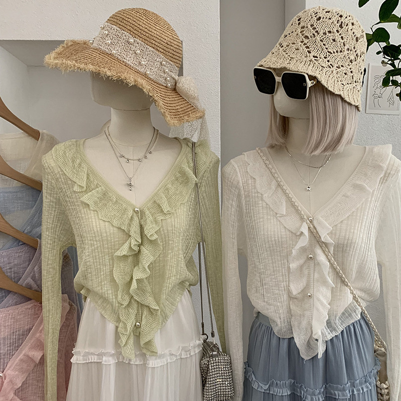 Omalai Ruffled V-Neck Shawl Thin Cover-Up Blouse Bamboo Linen Sunscreen Knitted Cardigan for Women 6801