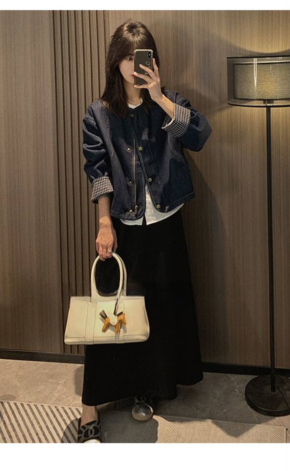 Áo khoác denim nữ dáng rộng cổ tròn tay dài viền cuộn họa tiết kẻ caro — Áo tay dài kẻ sọc xanh chi tiết 13