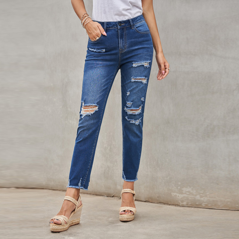 时颖欧美牛仔裤女2022新款蓝色磨街头风九分裤高腰破洞牛仔裤女