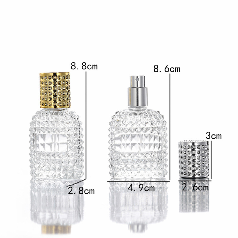 En stock suministro B006-30ml piña rejilla transparente botella de perfume de vidrio cosmético sub-botella spray botella vacía