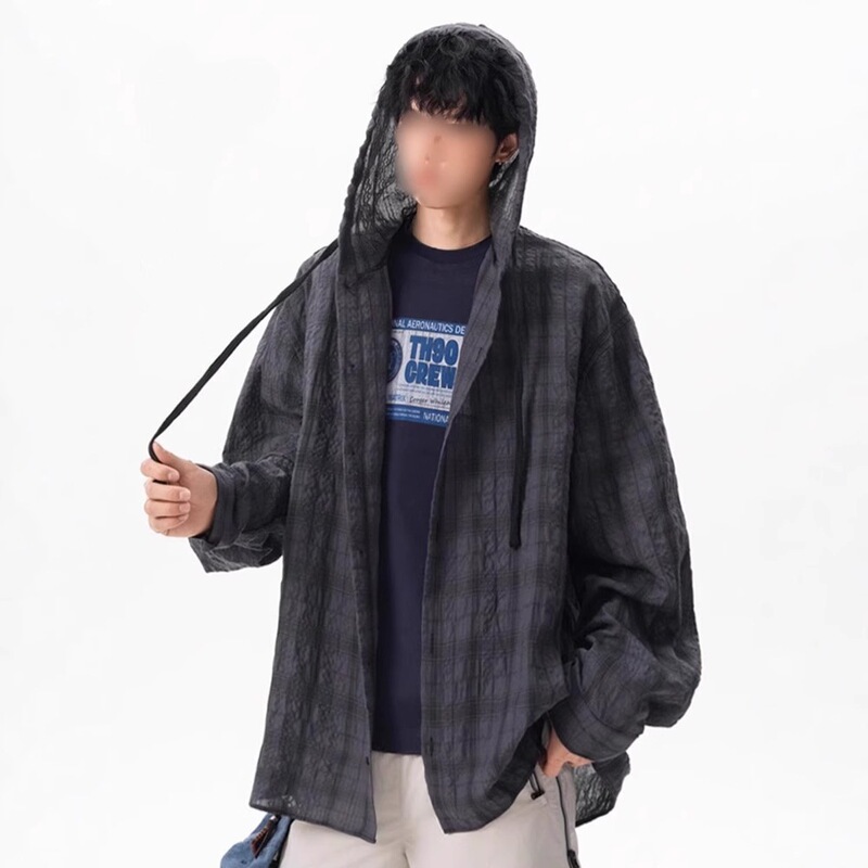 Outdoor Lightweight Sun-Protective Plaid Hooded Shirt Jacket for Men and Women 2026 Summer New Loose-Fitting Couple's Long-Sleeve Shirt