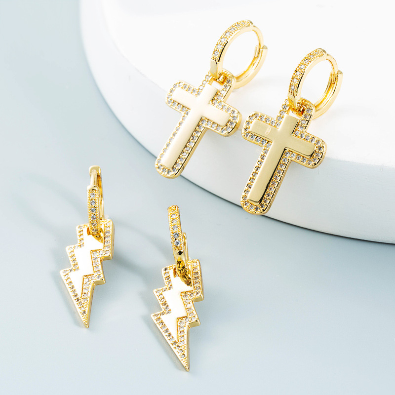 Nihaojewelry Wholesale Jewelry Korean Lightning Cross Copper Gold-plated Inlaid Zircon Earrings display picture 2