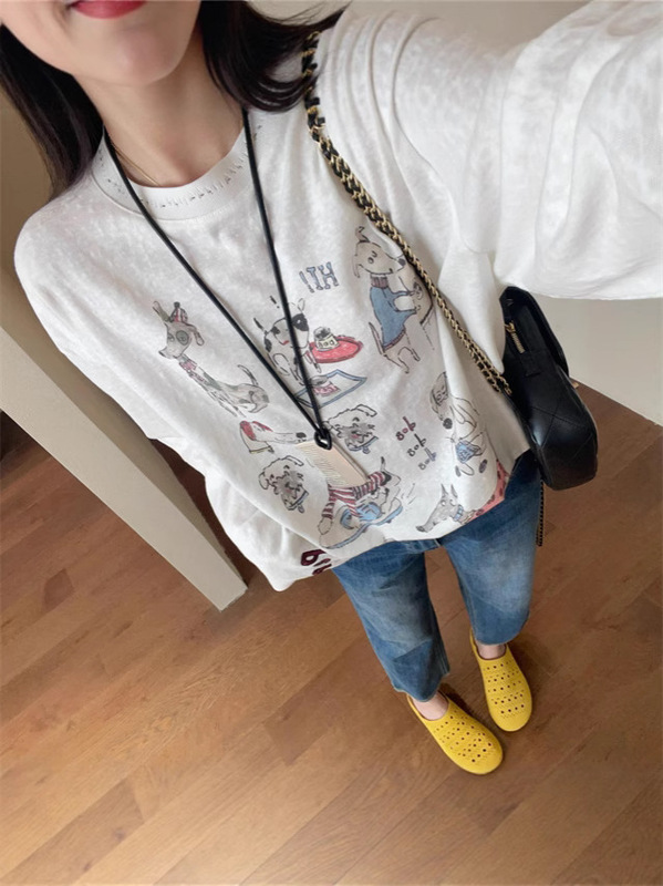 リラックスしたニッチスタイル、子供っぽい、年齢軽減、ゆったりとした長袖Tシャツ、ゆったりとした痩身ブラウス、女性用2025夏|undefined