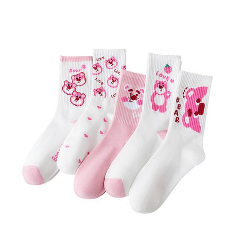 Socks for women, autumn and winter mid-calf socks, spring cute cartoon strawberry bear ins fashion long socks, sports student socks wholesale