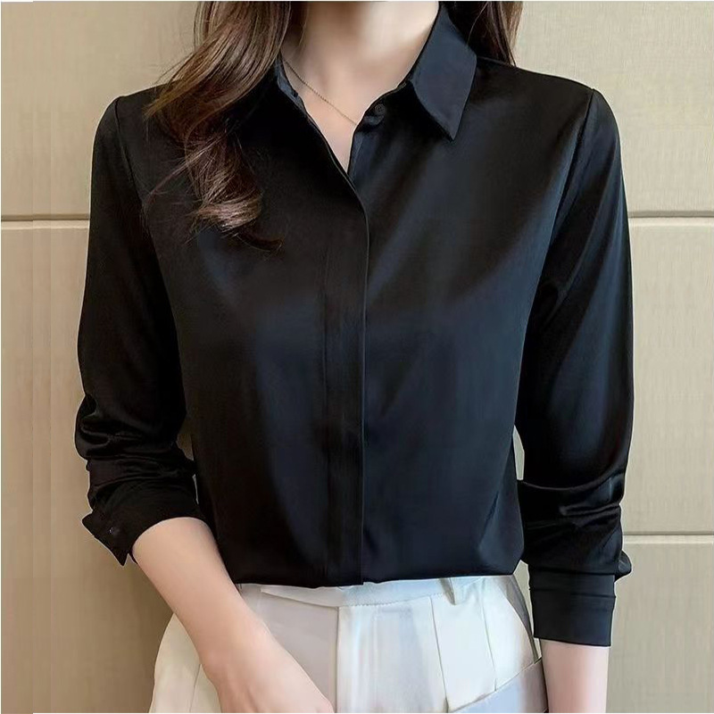 Source Factory Spring and Summer New Style Black Shirt for Women, Long-Sleeved Korean Style Design, Loose Workwear, Versatile Shirt for Women