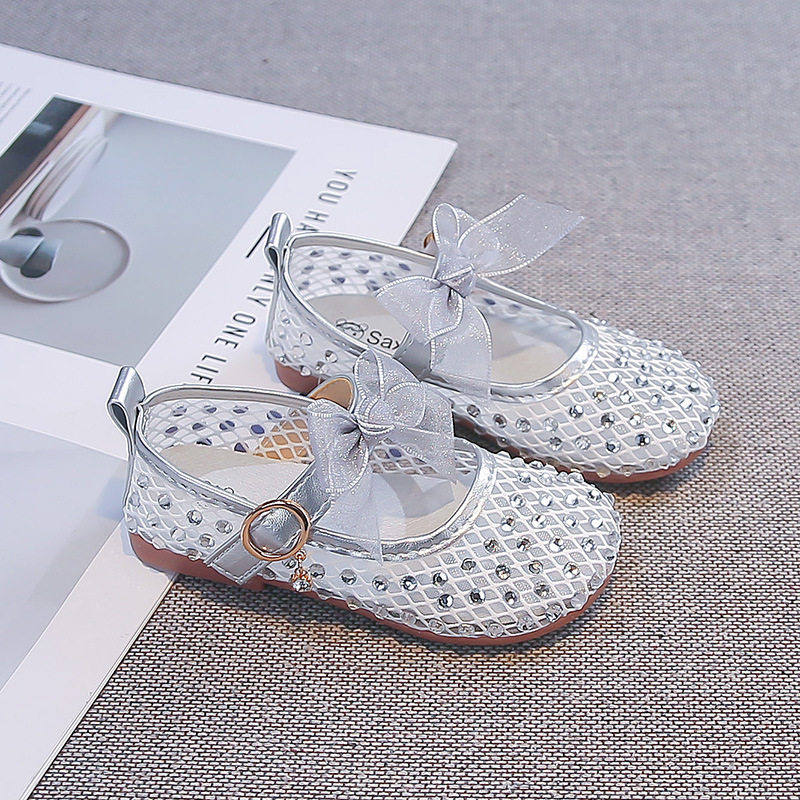Zapatos de princesa de niñas 2026 verano nuevos zapatos de arco transpirables de malla para niños Marigold Zapatos de cuero para niños pequeños