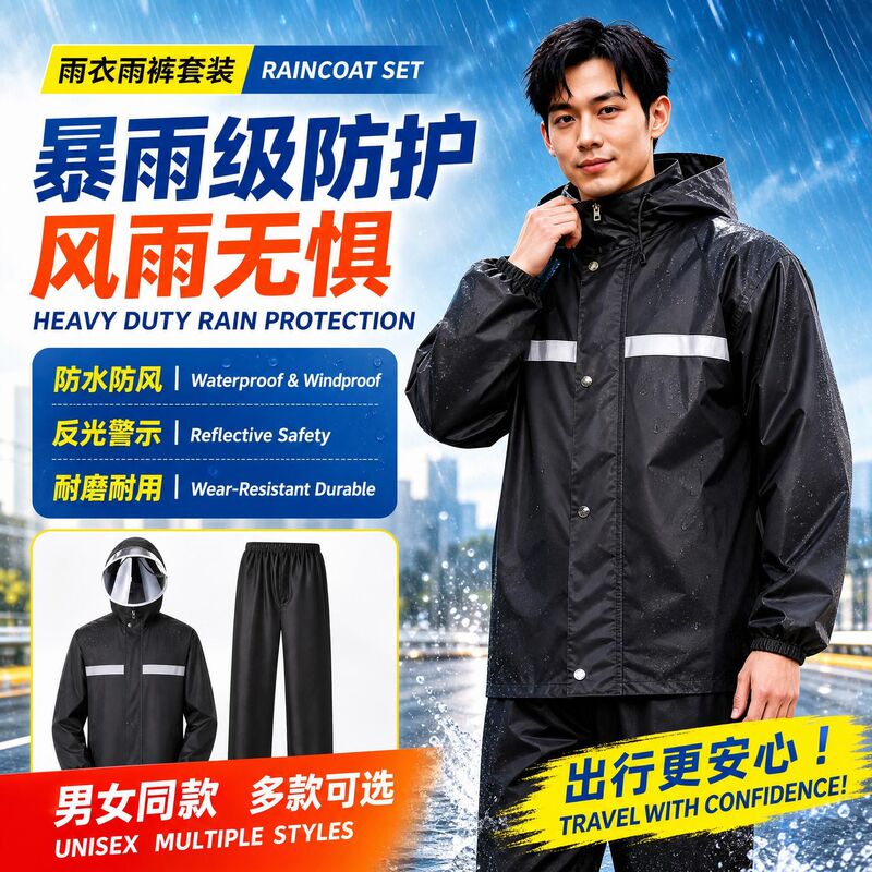 Reflective duty raincoat and rain pants set, long style, separate pieces, suitable for outdoor delivery and cycling, provides protection against heavy rain, adult size