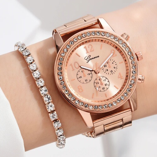 5pcs/set Steel Band Women's Watch Fake Three Eyes Women's Casual Korean Quartz Watch Set (Orange Box)