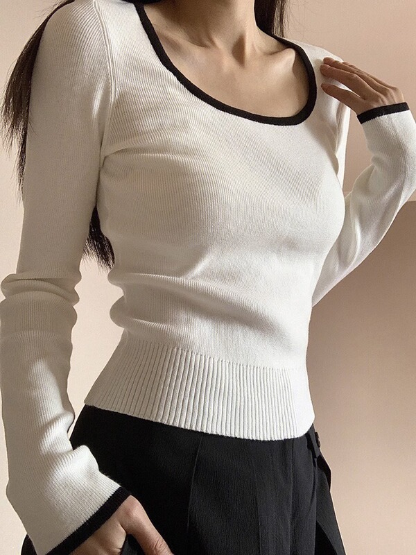 设计感小众正肩长袖上衣恤女春秋季薄款修身白色内搭针织打底衫|undefined