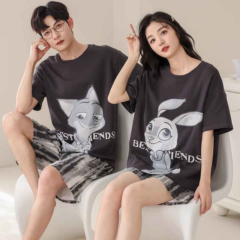 [100% Cotton] Couple Pajamas Women's Summer Cotton Short-sleeved Shorts suit Men's Summer Thin Home Clothes