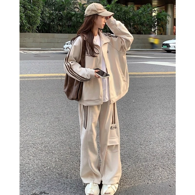 Премиум чувство повседневный спортивный модный набор женский весенний и осенний новый свободный тонкий корейский свитер широкие брюки из двух частей