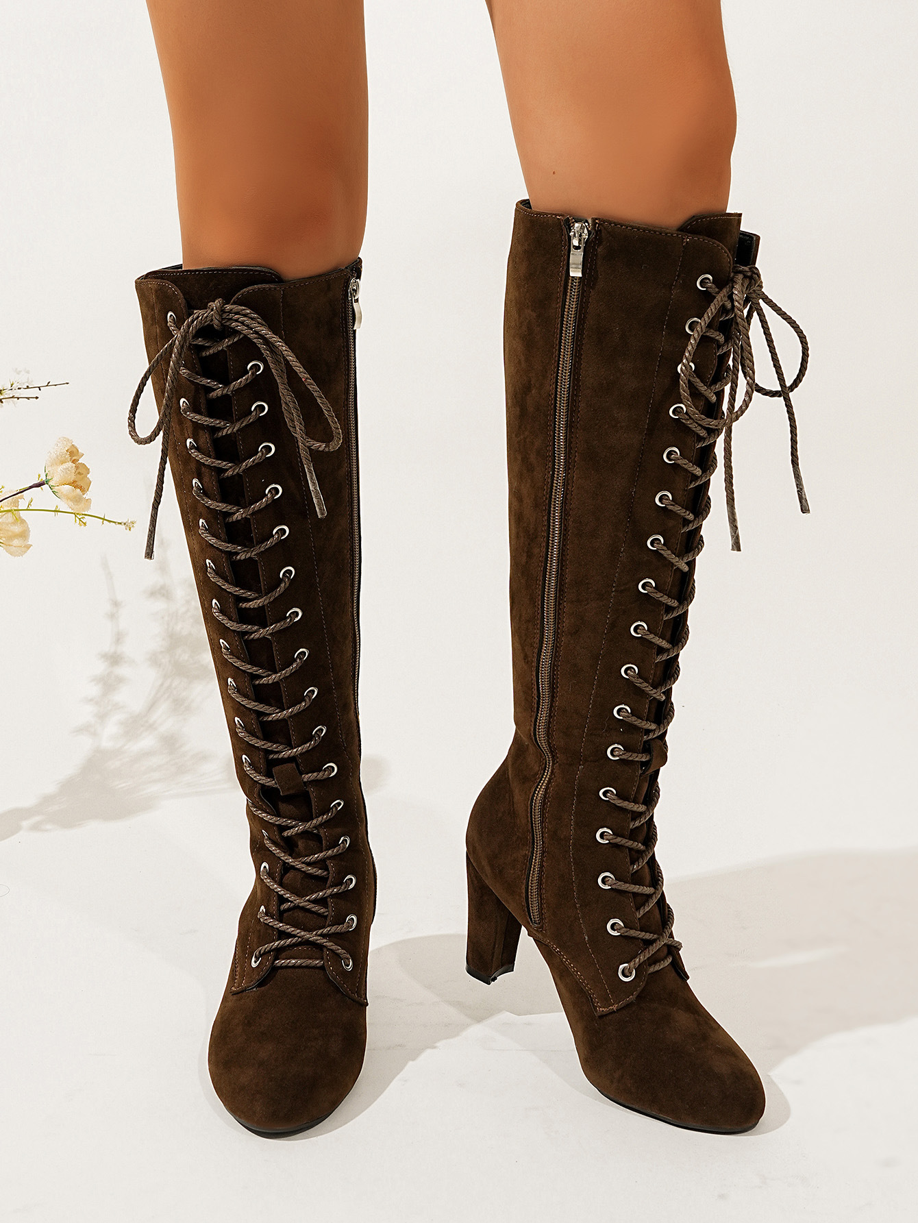 Women's Style Suede High Heeled Fashion Boots Plus Size Chunky Heel Winter New Style High Top Slim Boots Size 43_vogvips.com
