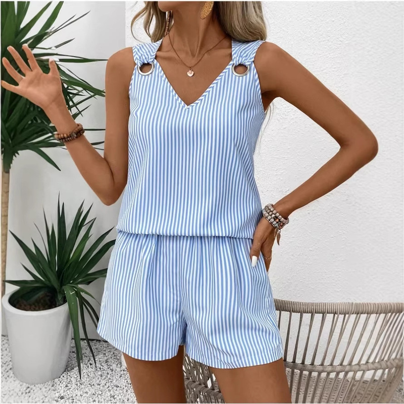 Amazon AliExpress 2025 Europe and the United States spring and summer new sleeveless metal ring solid color casual fashion pants suit women's clothing