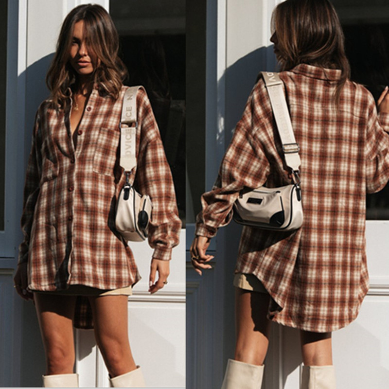 2022 Cross-border Special for Autumn Street Temperament European and American Long Sleeve Lapel Loose Women's Plaid Shirt Mid-length