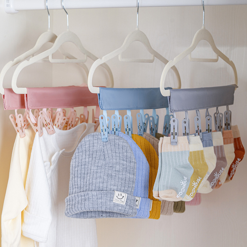 Multifunctional Detachable Fabric Clothes Hanger Hat Storage Organizer with Multiple Clips and Hooks for Dormitory Socks and Underwear Drying Rack