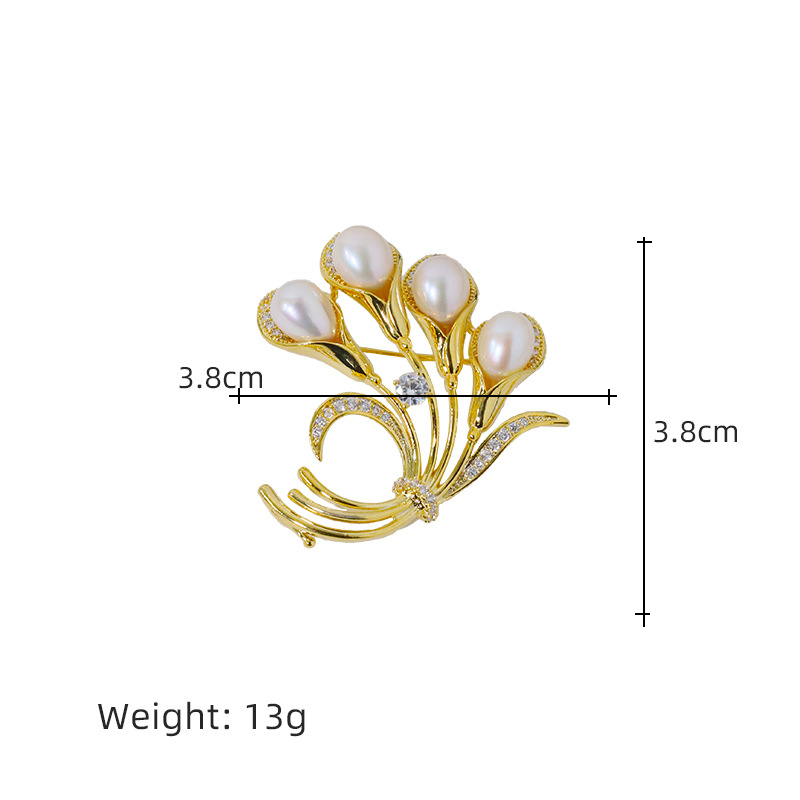 Elegante micro broche de tulipas de flores de perlas de agua dulce de alta calidad para mujeres, flores de flores de flores de pecho de temperamento de broche