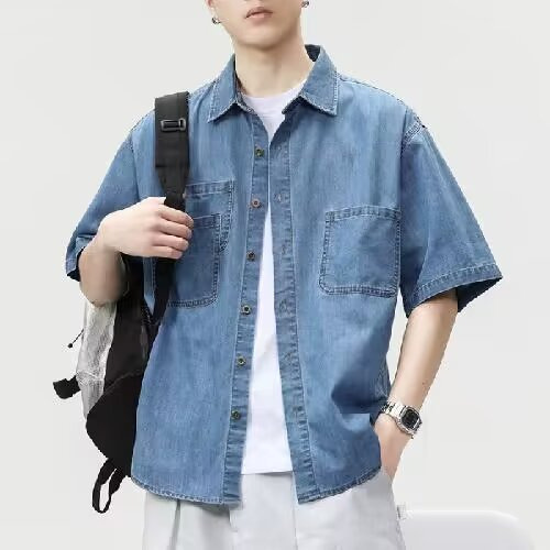 Design Sense Pocket Denim Shirt Men's Short-sleeved 2024 Summer Fashionable Loose plus size Top New Style Shirt Jacket