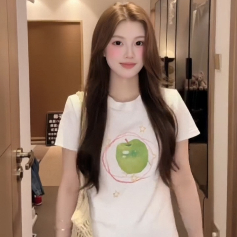 2026 Summer New Korean Style Creative Apple Print Short-Sleeved T-Shirt for Women Slim Fit Pure Cotton Bottoming Shirt Top
