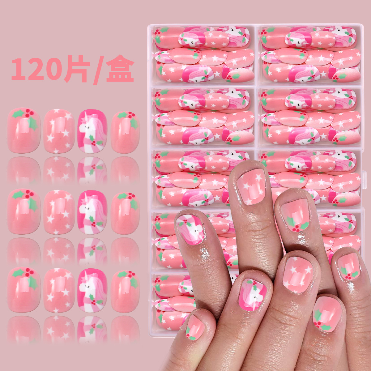 Nuevo niño impresión UV desgaste de uñas 120 piezas de caja de uñas falsas lindas dibujos animados mezclados parches de uñas
