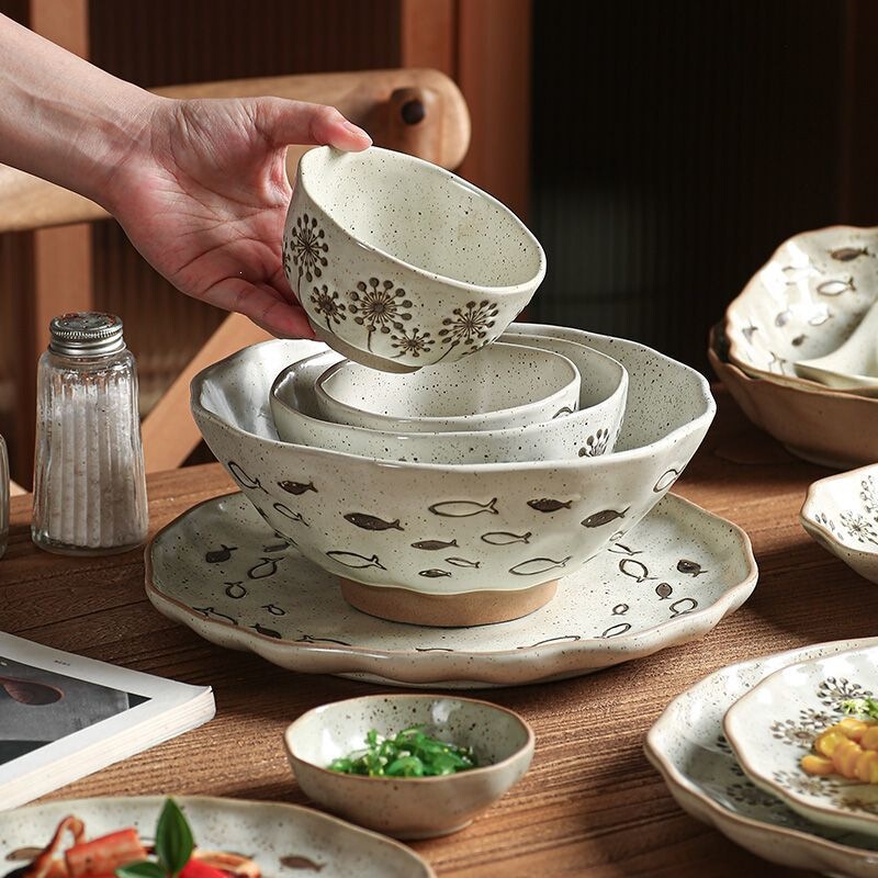 Japanese-style rustic ceramic sesame-glazed high-temperature ceramic dinnerware set, household soup bowls, dishes, and rice bowls
