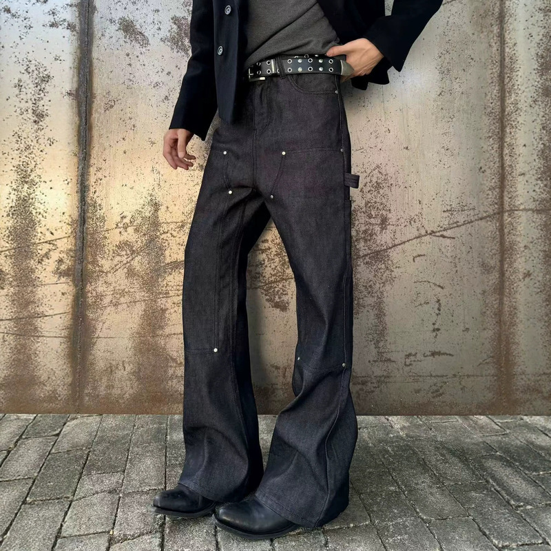 Heavyweight 646 style raw denim workwear lumberjack pants with rhinestone embellishments, A-line micro-flare versatile jeans for men and women, cool and trendy Heavyweight 646 style raw denim workwear lumberjack pants with rhinestone embellishments, A-line micro-flare versatile jeans for men and women, cool and trendy