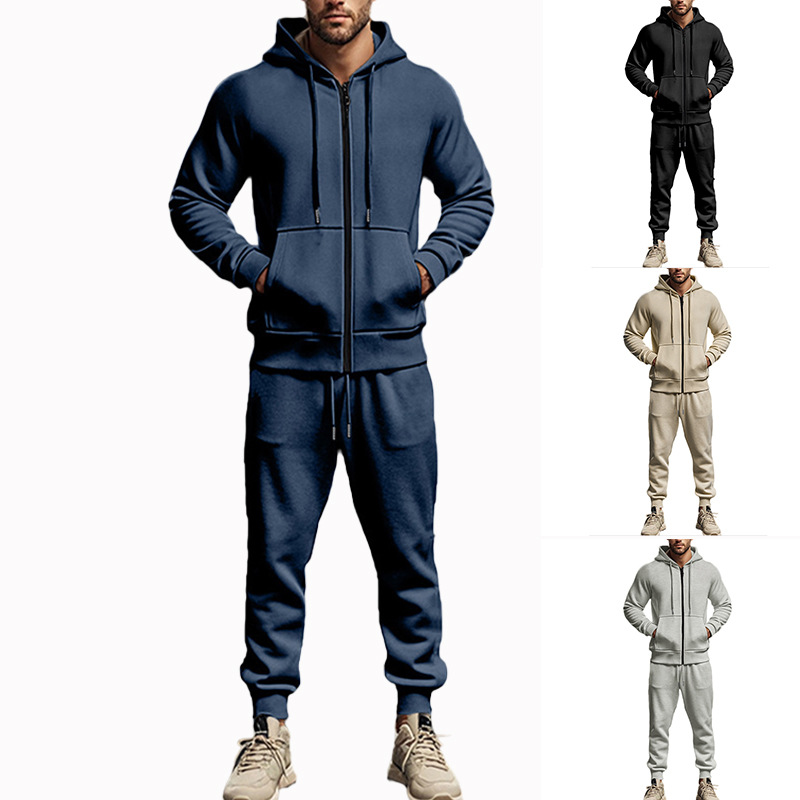 Men's Clothing Men's Heavy Fleece Two Piece Suit Long Sleeved Hooded Sports Leisure Warm Autumn Set Solid Color_viptrois.com