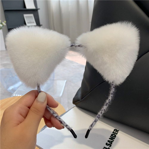 Face-washing band for women, real otter fur, fluffy cat ear hair accessory, popular cute plush headband, girl hair clip, headband