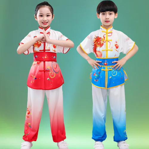 新款儿童武术表演服装渐变色长短袖练功服男女小学生训练服打鼓服