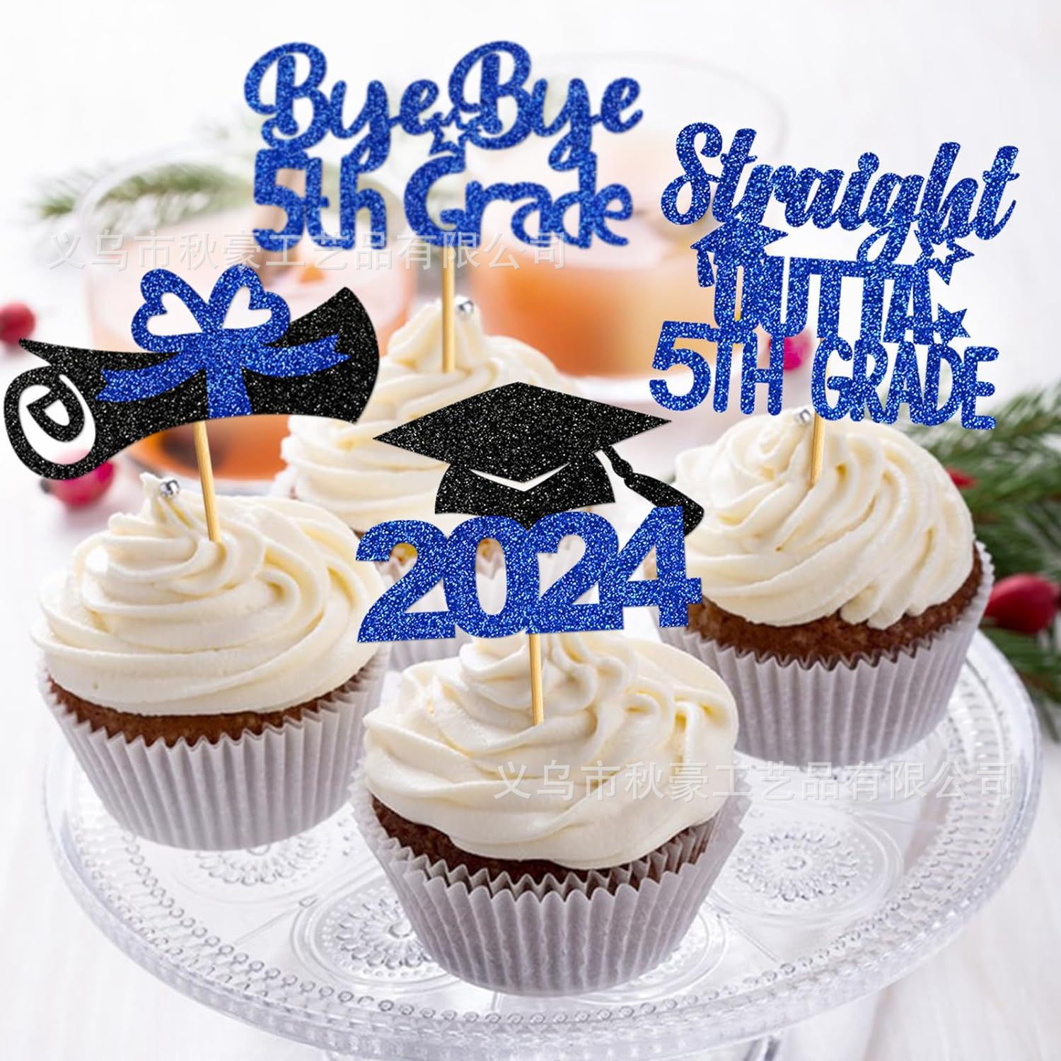 40 piezas de cupcakes de graduación, 2024, brillo azul, decoración de fiesta de graduación de quinto grado, nuevo estilo
