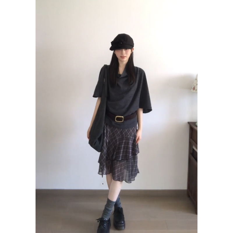 法式荡领五分袖t恤上衣女不规则格纹半身裙韩系两件套|undefined