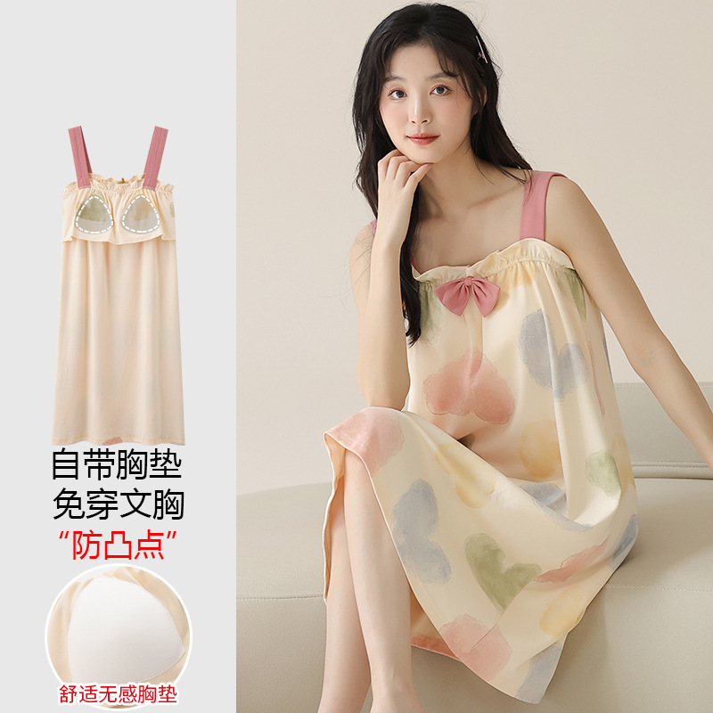 Nightgown for Women in Summer with Breast Pads, One-Piece Suspenders, Sexy Pajamas, Loose Cotton Mid-Length Sweet Girl Home Clothes