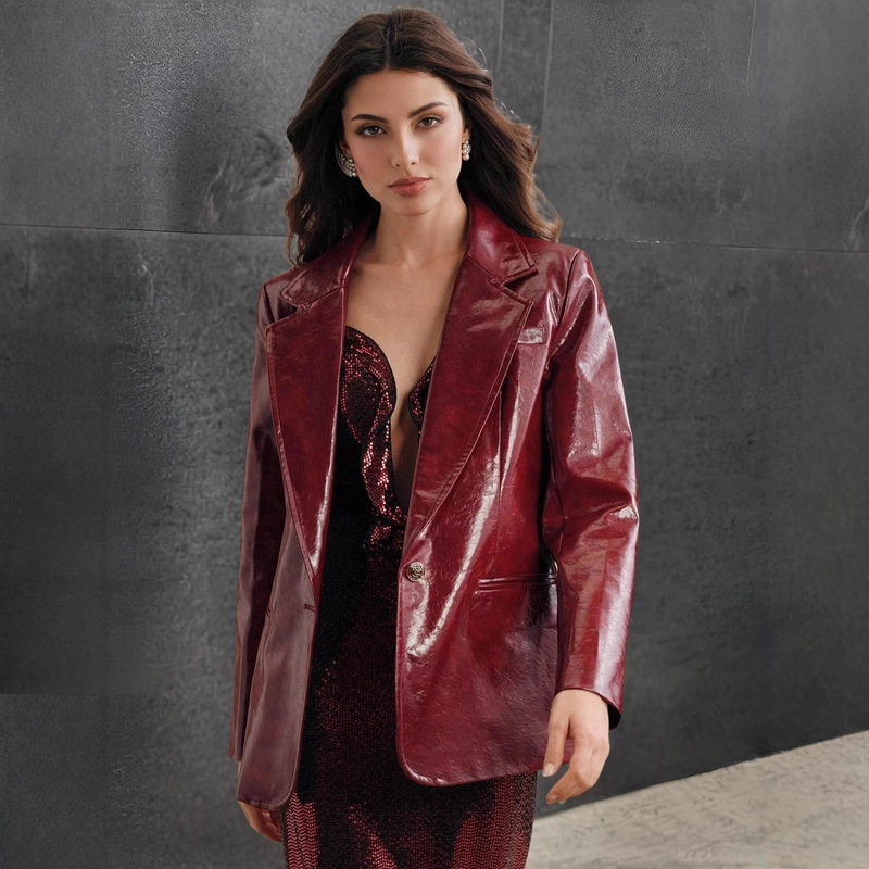 Ankora Red Women's Pu Leather Glossy V-Neck Blazer An-59-1 Ankora Red Women's Pu Leather Glossy V-Neck Blazer An-59-1