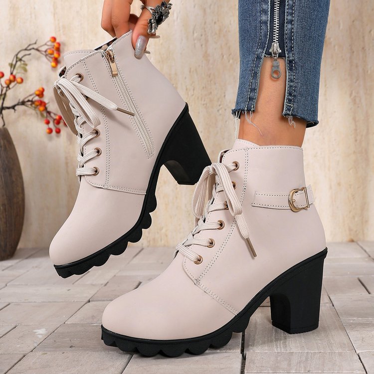 2025 Foreign Trade Thick Heel Short Boots Round Toe Lace-Up and Nude Boots New High Heel Side Zipper Boots Women's Single Boots Belt