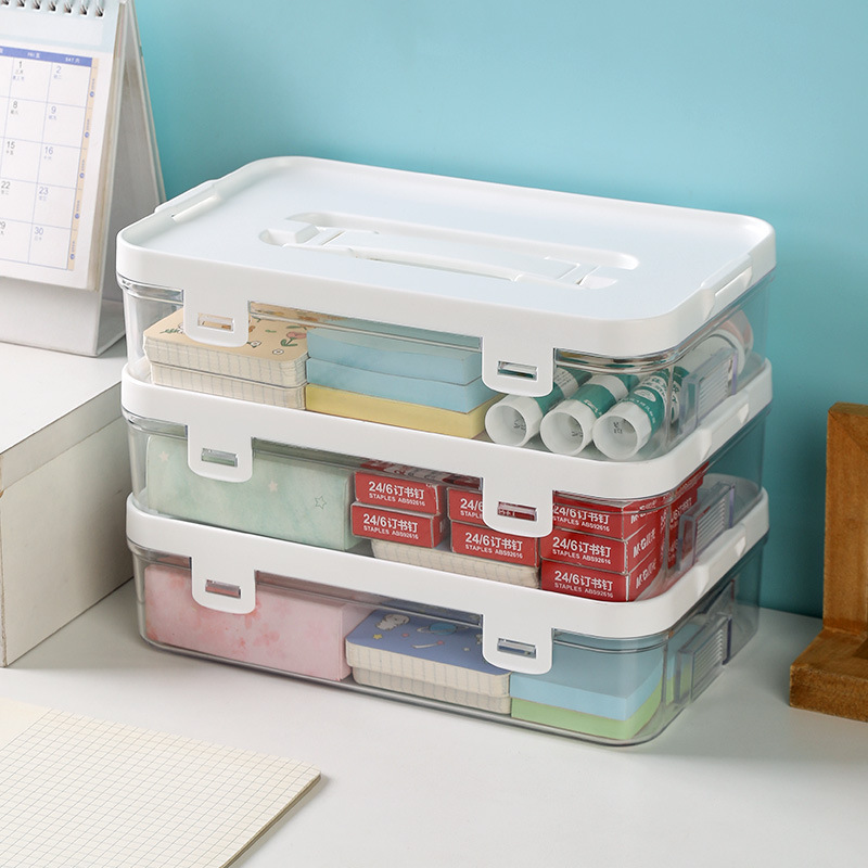 Caja de almacenamiento transparente de escritorio simple transfronteriza portátil con cubierta de caja de almacenamiento para estudiantes para organizar cajas de gran capacidad superpuestas
