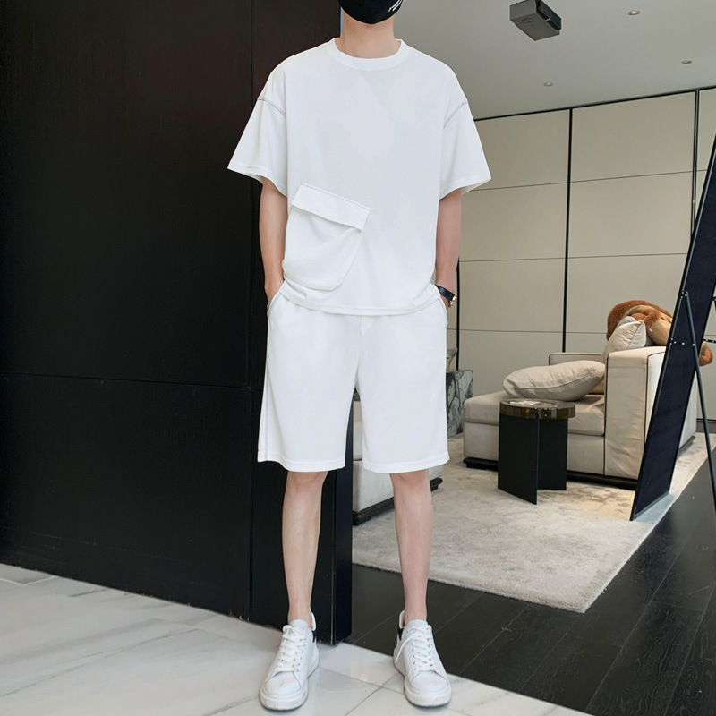 夏季新款 时尚潮流韩版男士运动冰丝休闲套装两件套短袖T恤五分裤