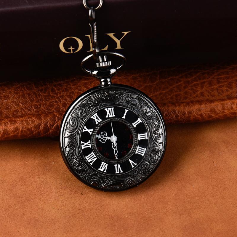 Quartz Watch Nostalgic Pocket Watch Roman Numerals Thin Chain Large Vintage Roman Numerals Nostalgic Black Pocket Watch 8075