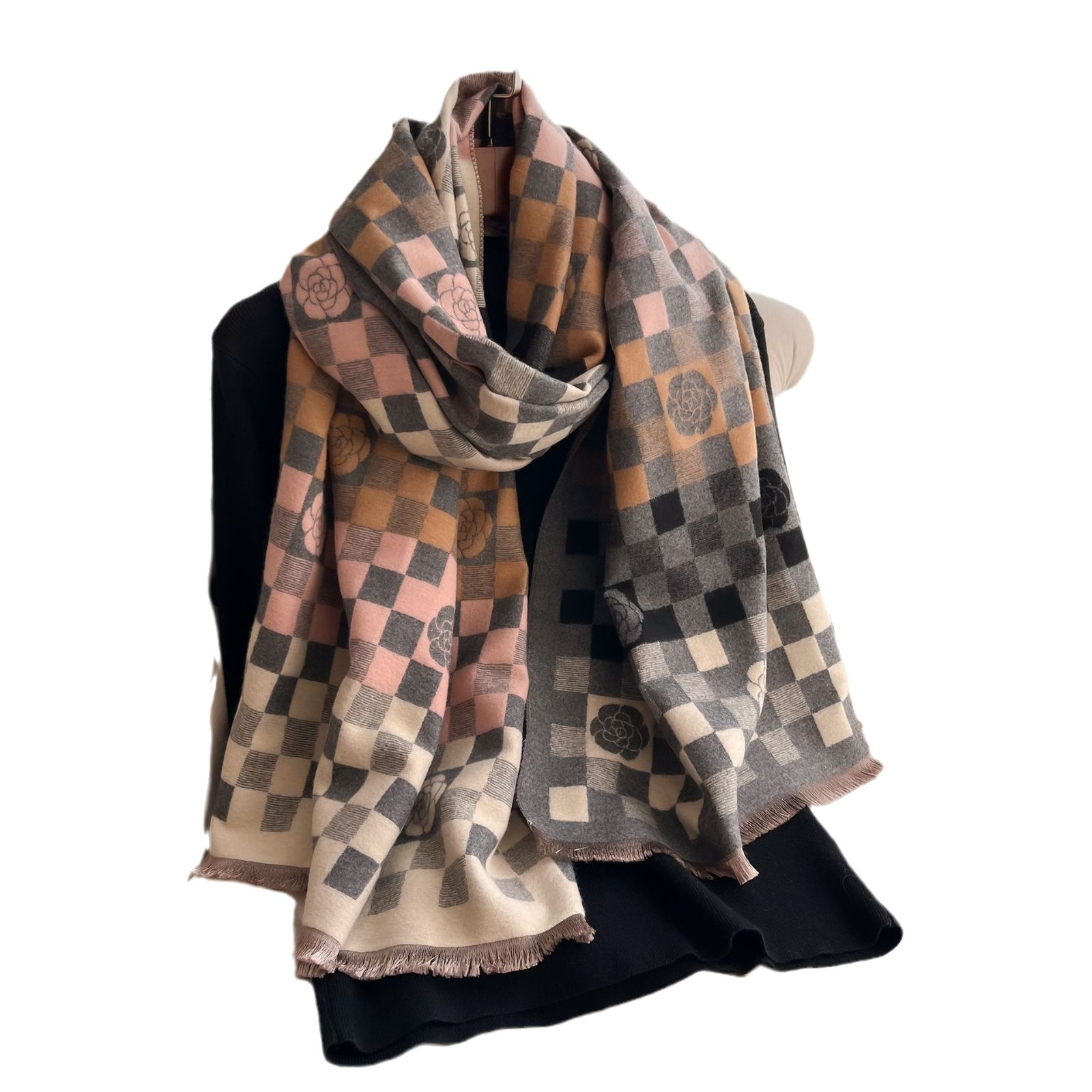 Tablero de ajedrez coreano Camellia decoración de moda imitación de cachemira damas bufandas cálidas de otoño y invierno aire acondicionado chal medio largo