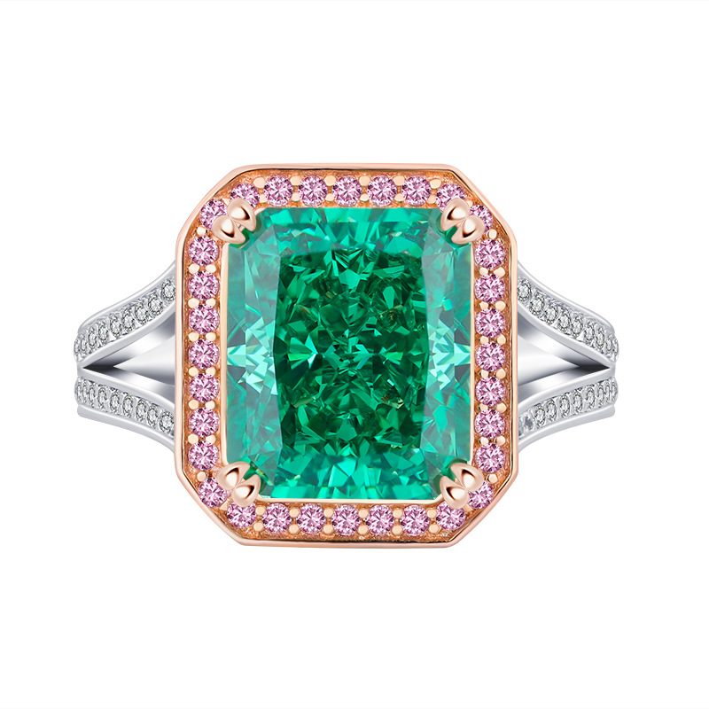 Zhuang Sheng joyería S925 plata Diamante de alto carbono rectangular 10g simple elegante oro rosa color separación anillo piedra principal 10*1