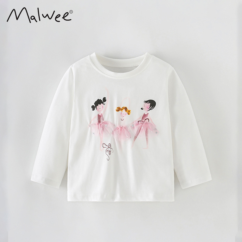 Malwee camiseta de niñas de otoño nueva camiseta europea y americana para niños de cuello redondo de manga larga ropa superior para niños